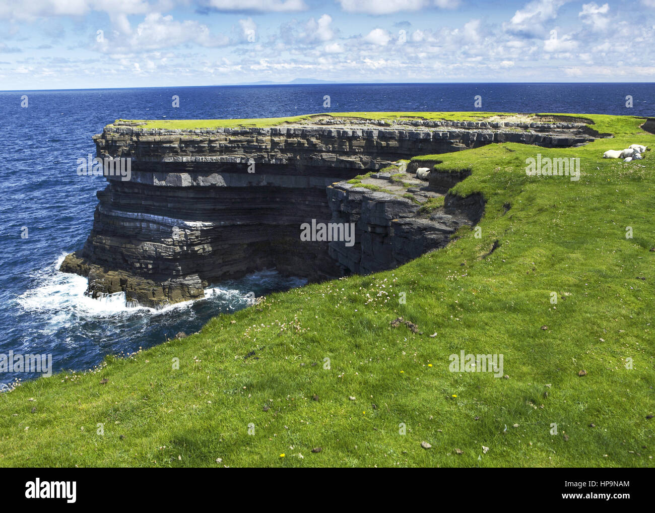 Irland, gruene Wiesen an Steilkueste Stock Photo