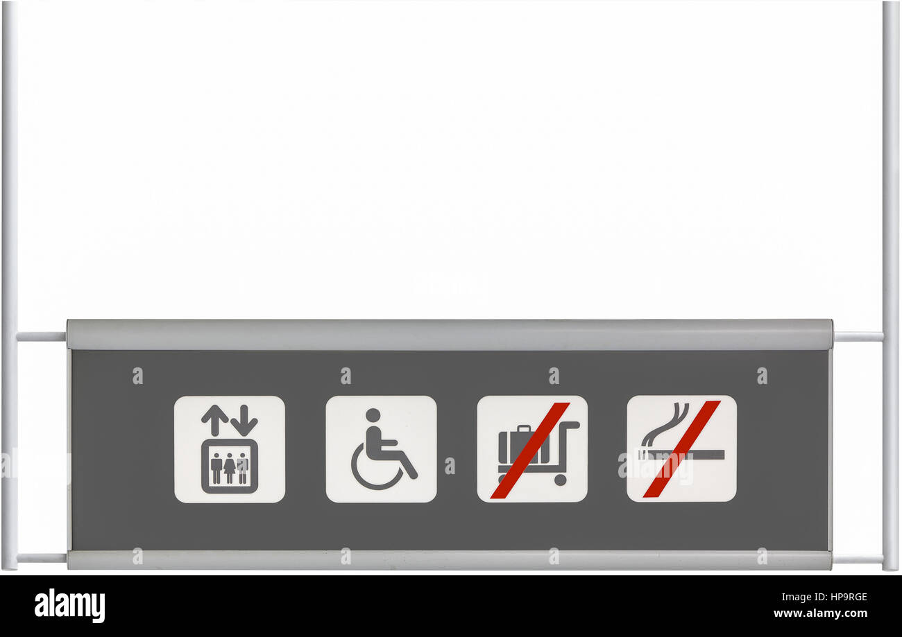 Schild, Aufzug, Rollstuhlfahrer, keine Trolleys, Nichtraucher Stock Photo