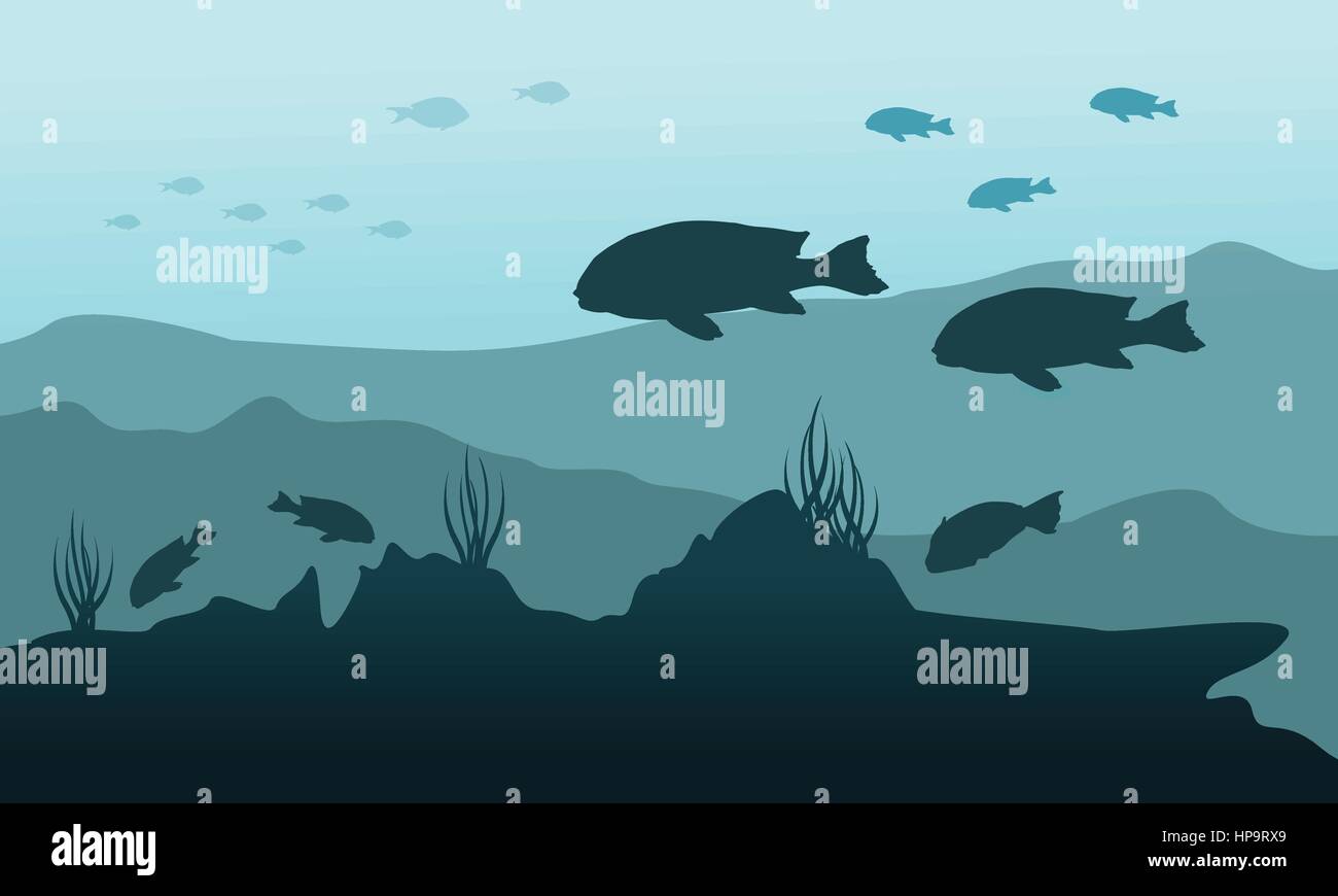 Silhouette of fish and reef underwater landscape vector art Stock ...