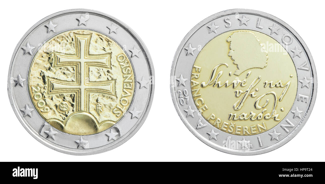 2-Euro-Muenzen, Slowakei und Slowenien, Rueckseiten Stock Photo - Alamy