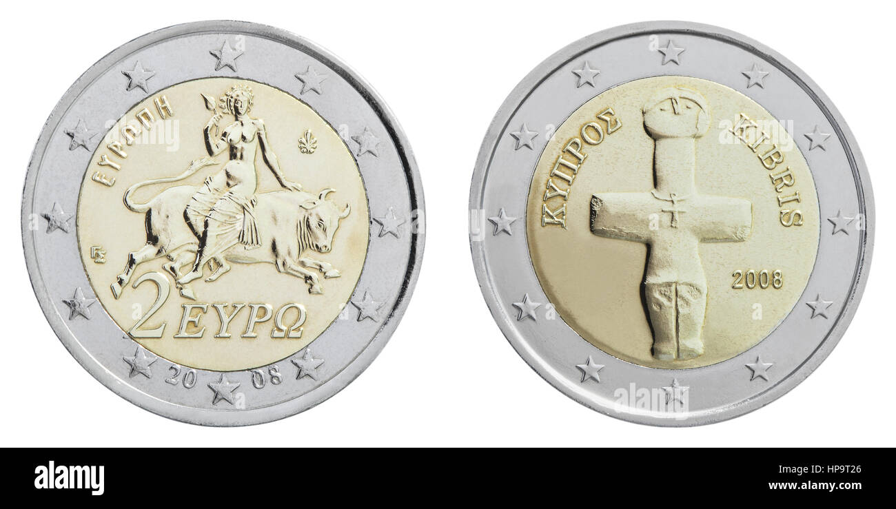 2-Euro-Muenzen, Griechenland und Zypern, Rueckseiten Stock Photo