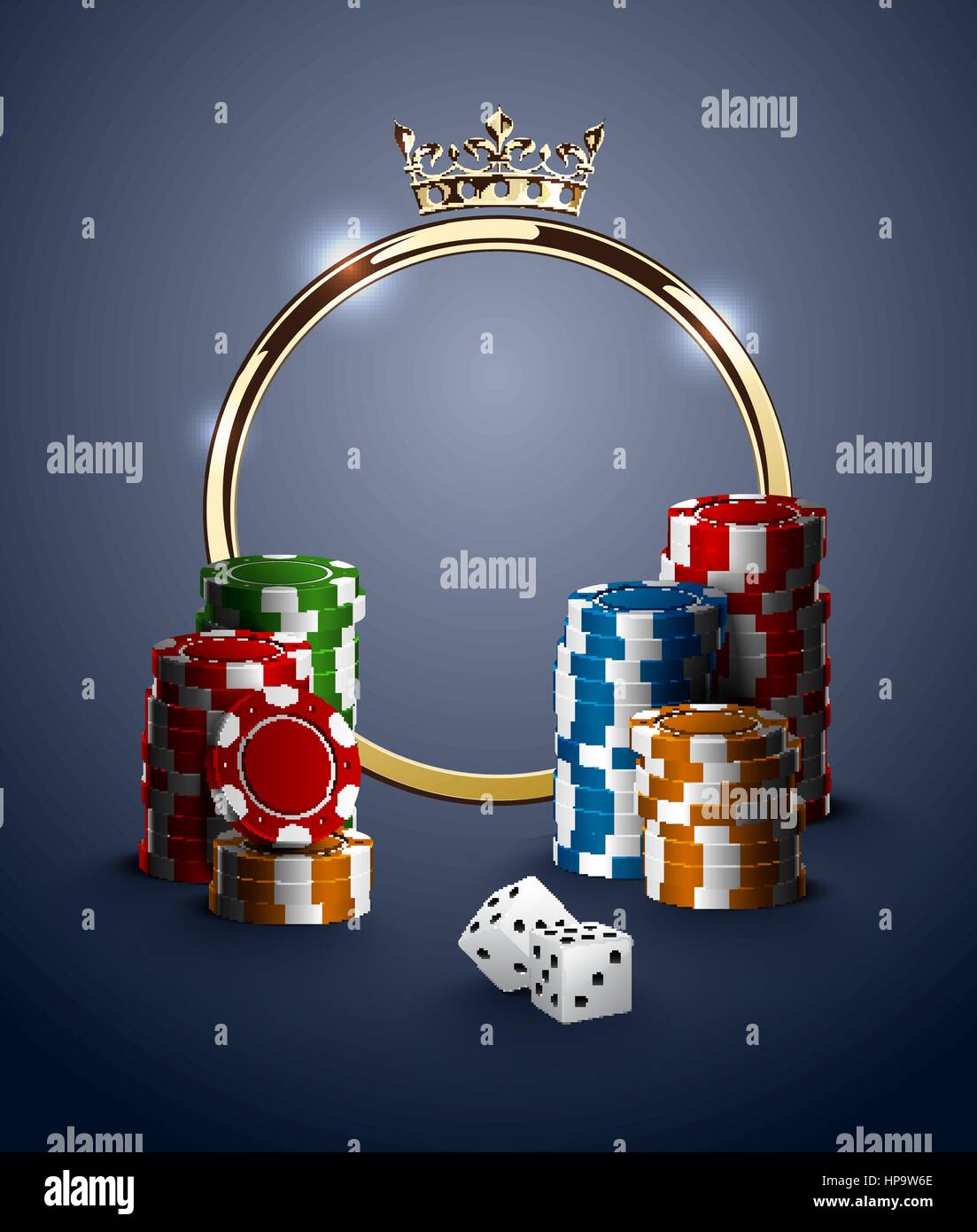 Round casino roulette golden frame with crown, stack of poker chips and white dice on deep blue background. Gambling online club vintage poster. Stock Vector