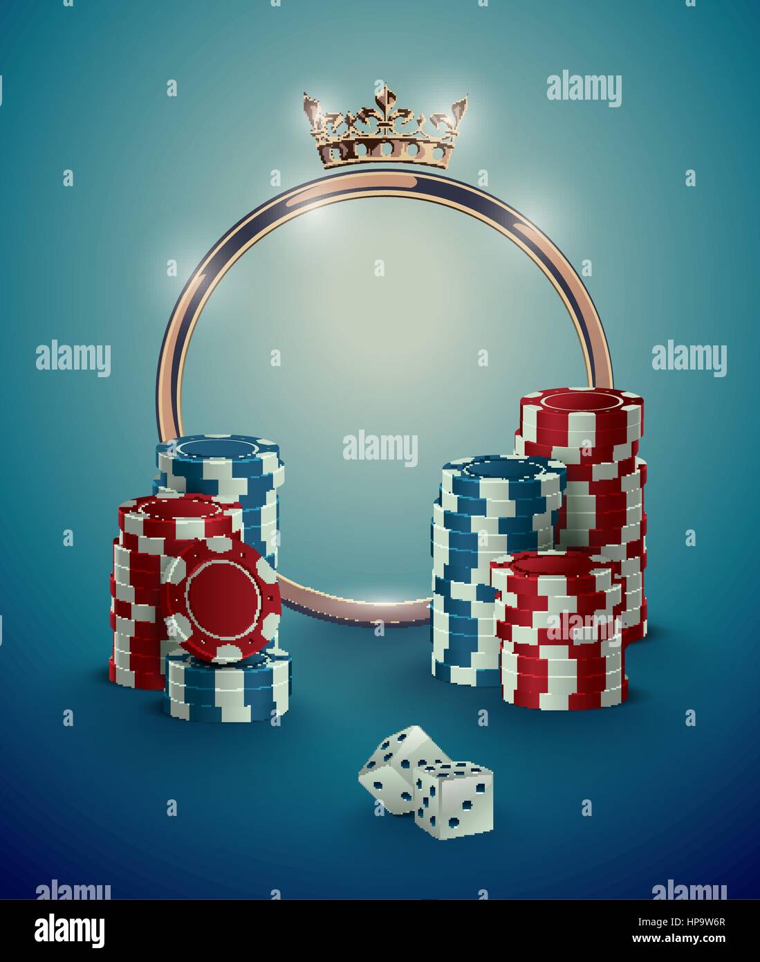 Round casino roulette golden frame with crown, stack of poker chips and white dice on deep turquoise background. Gambling online club vintage effect Stock Vector