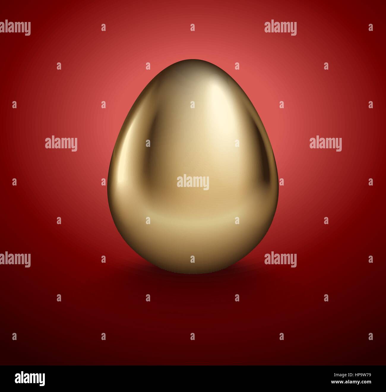 Glossy realistic golden egg. Isolated on red background. Vintage banner, card, poster for Easter, business benefit concept. Stock Vector