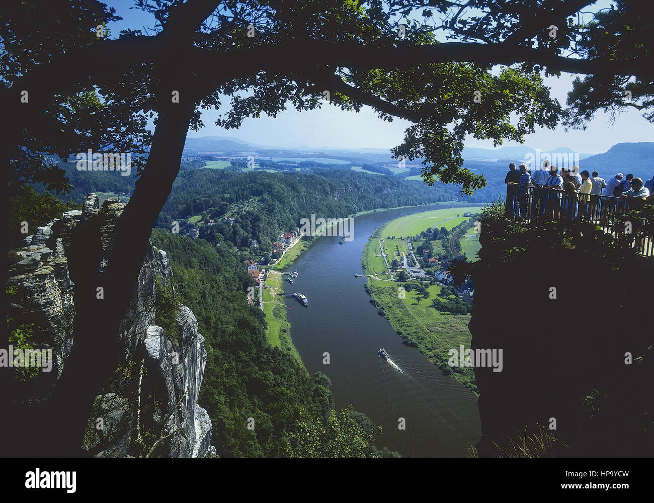 Elbsandsteingebirge, Blick von Bastei auf die Elbe, Saechsische Schweiz Stock Photo