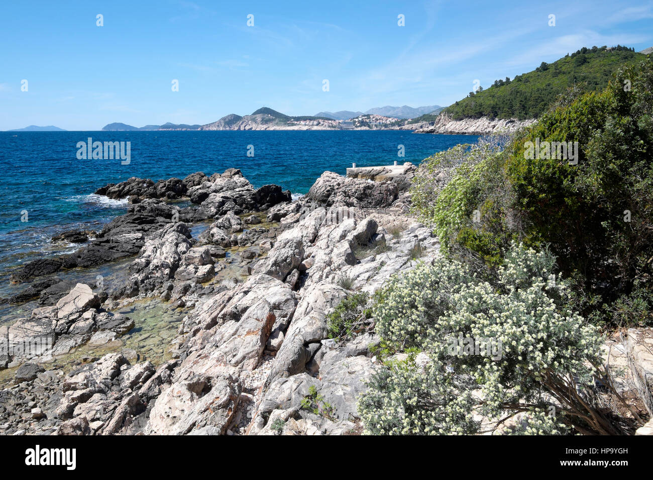 The Dalmatian coast  from Lockum Island, Dubrovnik, Dubrovnik-Neretva County, Dalmatian coast, Adriatic Sea, Croatia, Balkans, Europe Stock Photo