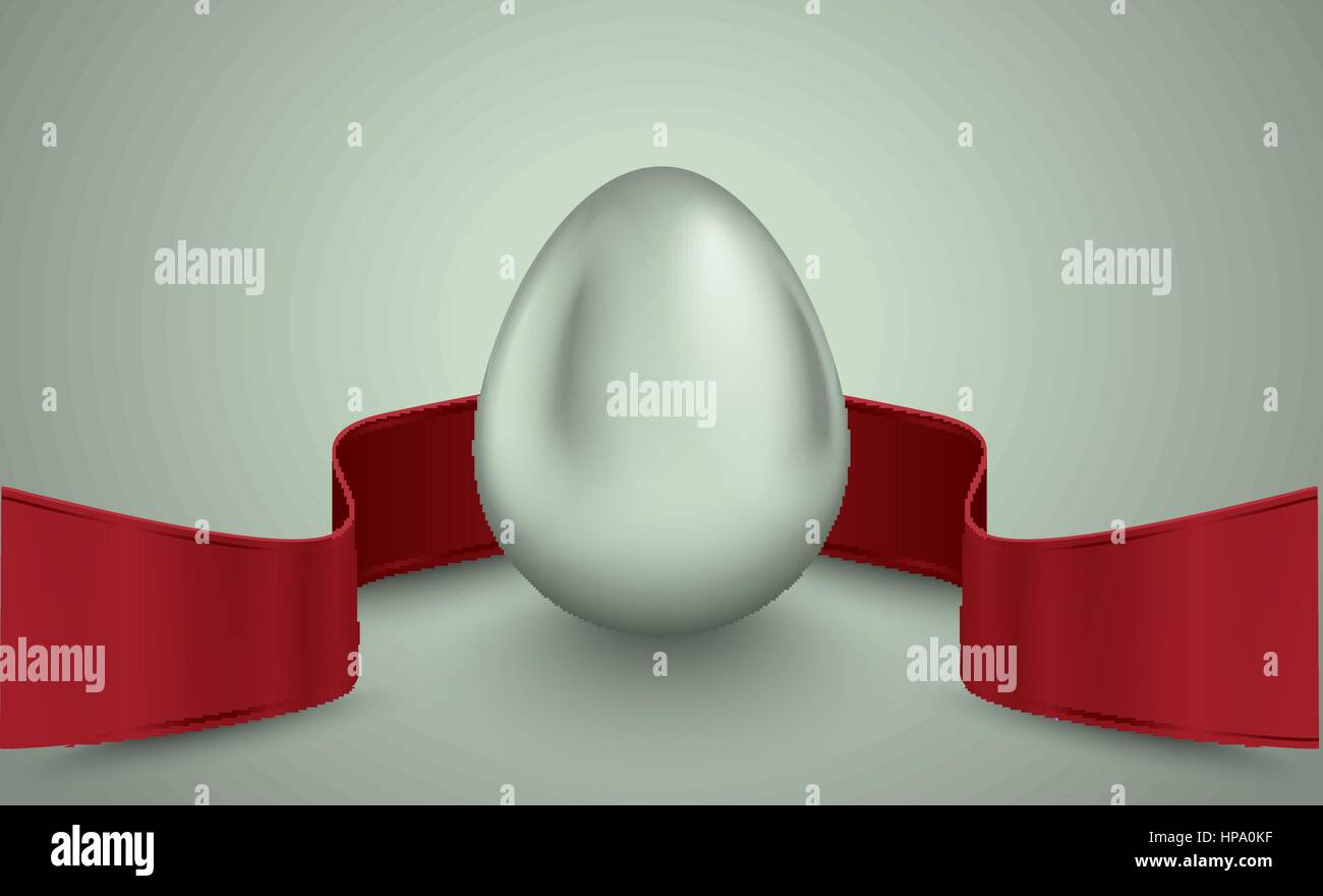 Glossy silver egg with red winding tape. Grey light retro ribbon background idea. Vintage banner, card, poster for Easter, business benefit concept Stock Vector