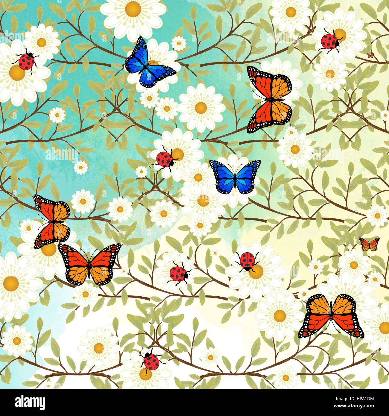 Digital art springtime nature scene with daisies, butterflies and ladybugs on a watercolor background. Stock Photo