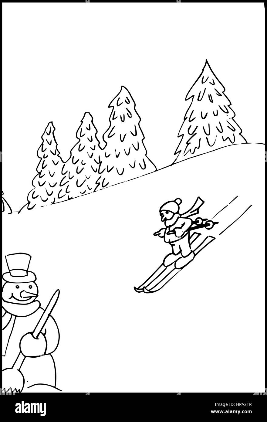 Line drawing of a winter landscape with winter sports Stock Photo