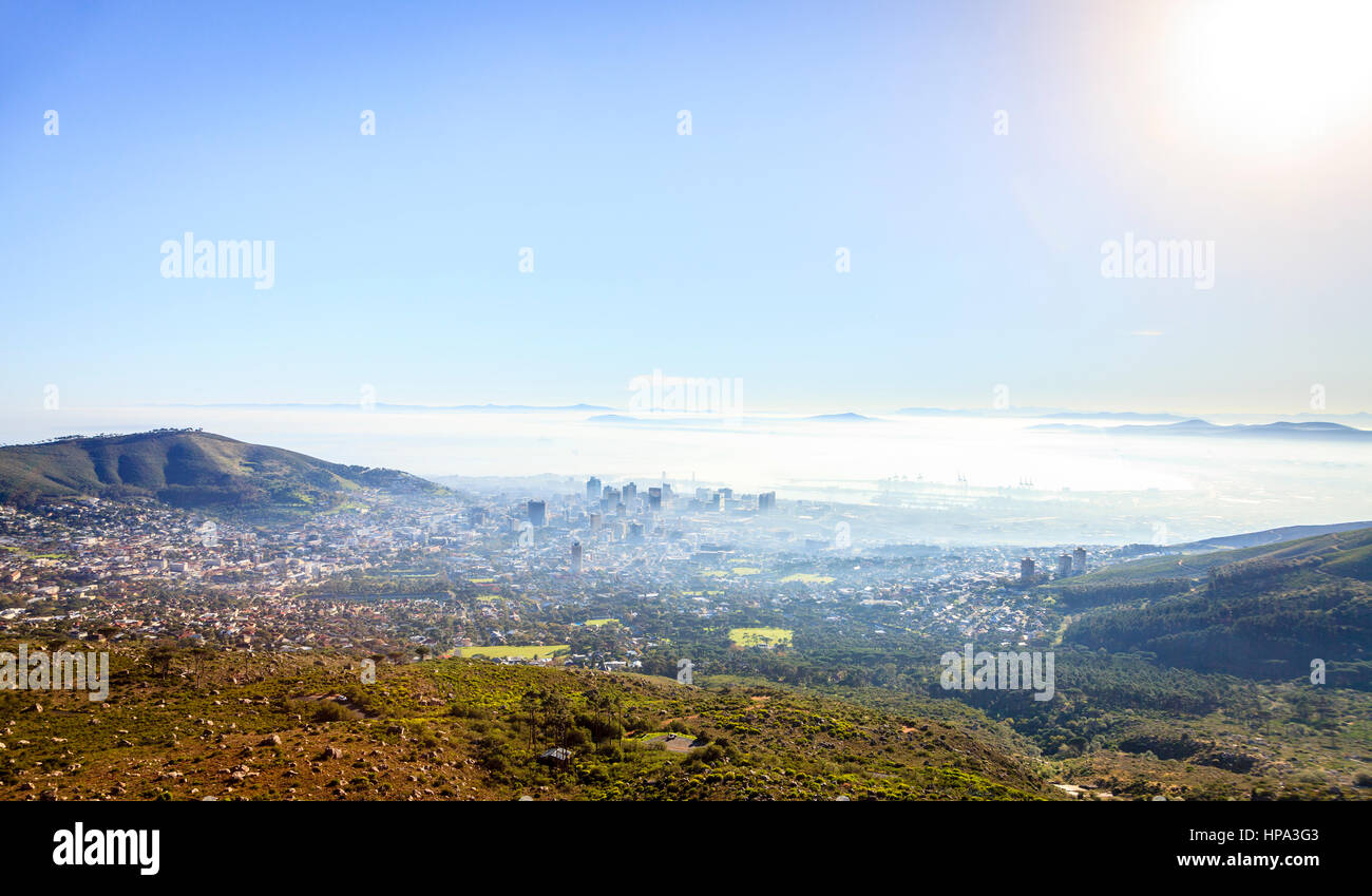 Aerial view of downtown Cape Town in morning fog Stock Photo