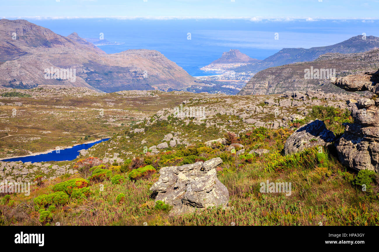 Scenic view towards False Bay from Table Mountain in Cape Town, South Africa Stock Photo