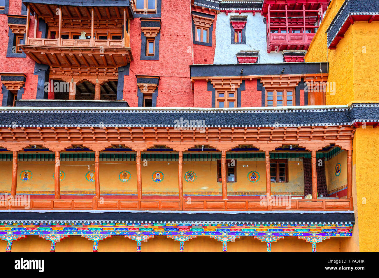 Fragment of residential quarters building in a Buddhist monastery in Kashmir, India Stock Photo