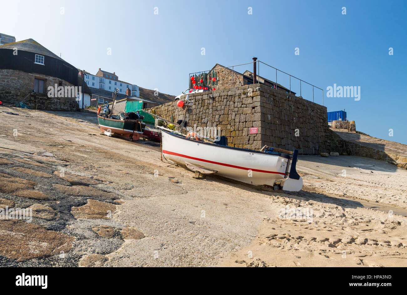 Small fishing boats in the harbour at Sennen Cove Cornwall England UK ...