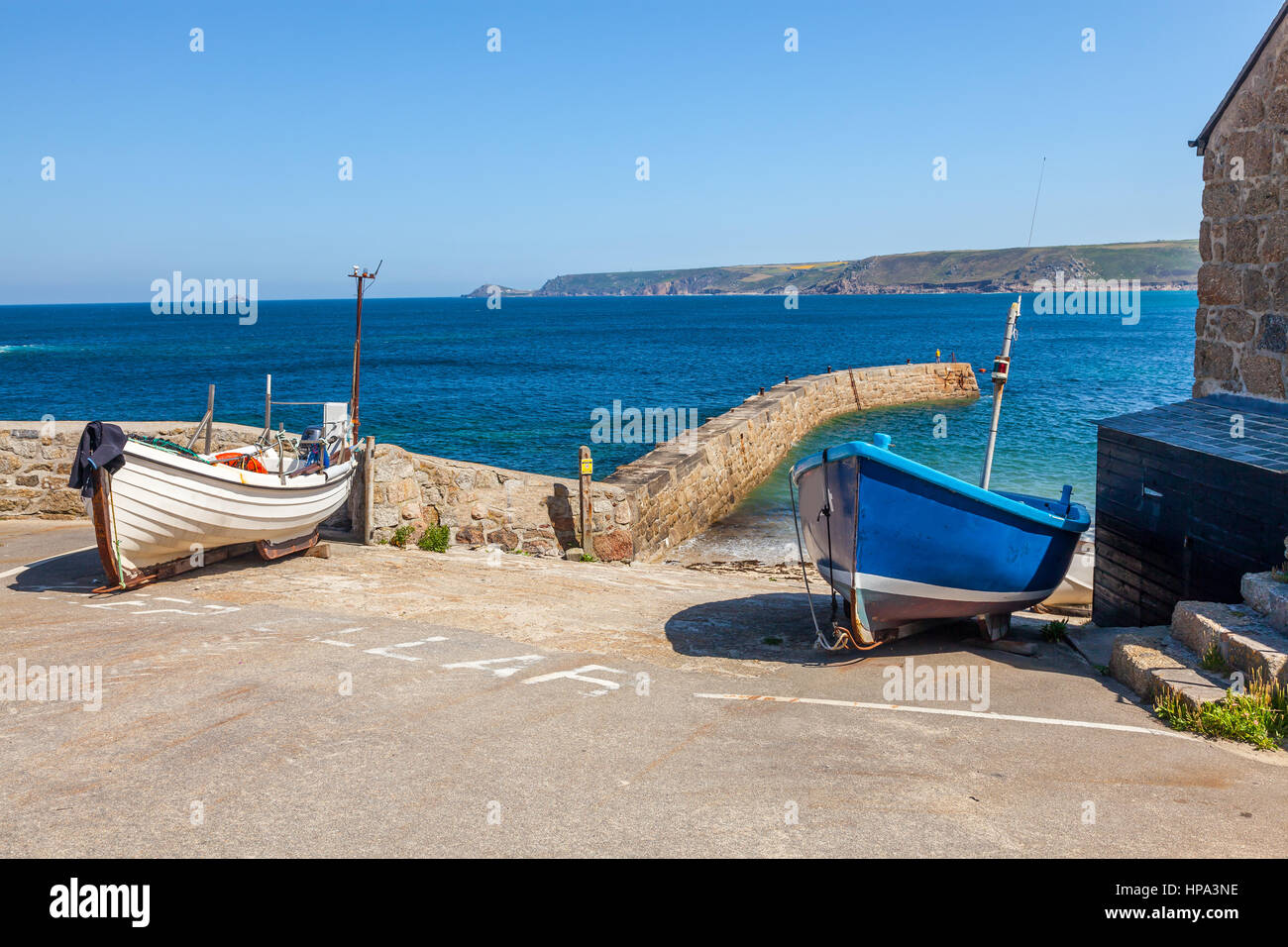Small fishing boats in the harbour at Sennen Cove Cornwall England UK ...