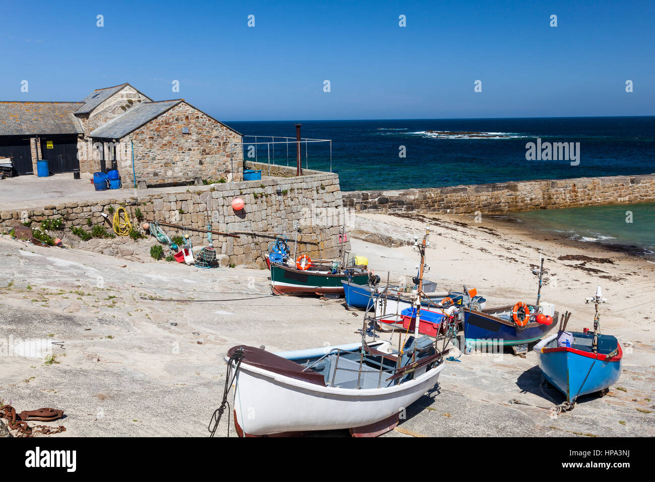 Small fishing boats in the harbour at Sennen Cove Cornwall England UK ...