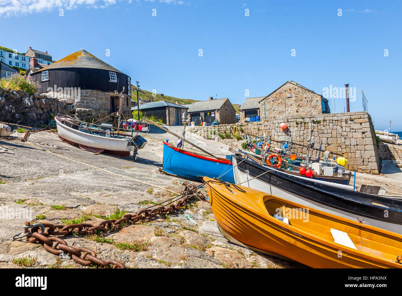 Small fishing boats in the harbour at Sennen Cove Cornwall England UK ...