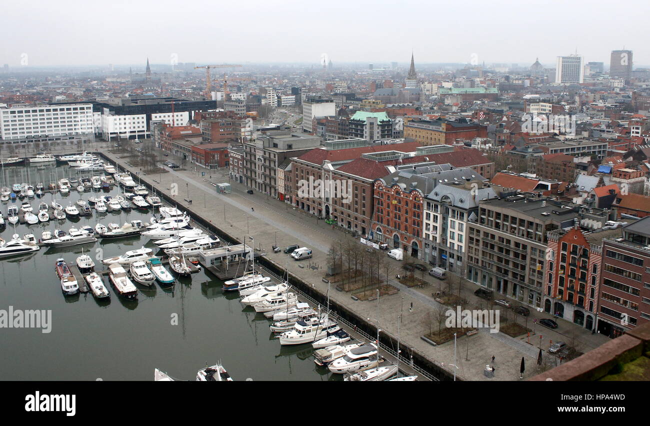 On top of the MAS Museum (Museum aan de Stroom). Skyline of Antwerp, Belgium. Willemdok harbour. Stock Photo