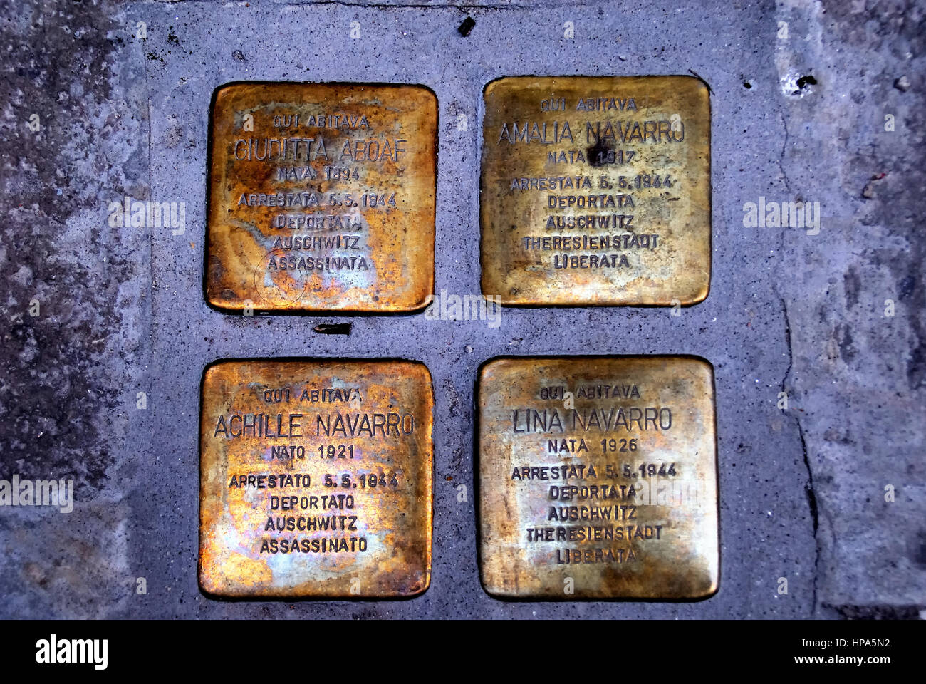 Venice Ghetto, Italy. Metal plaques in memory of the Venetian Jews deported to Nazi death camps. Stock Photo