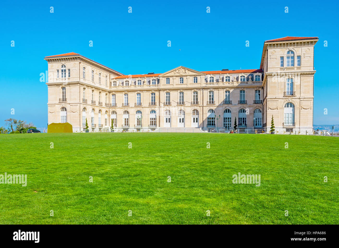 The juicy lawn of Emile Duclaux Park in front of Pharo Palace, Marseille, France. Stock Photo