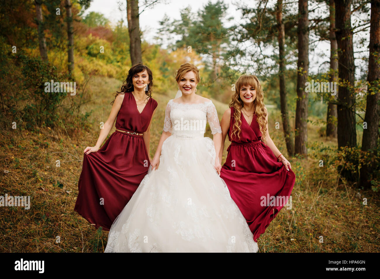 Bride with bridesmaids on red dresses at autumn pine wood Stock Photo ...