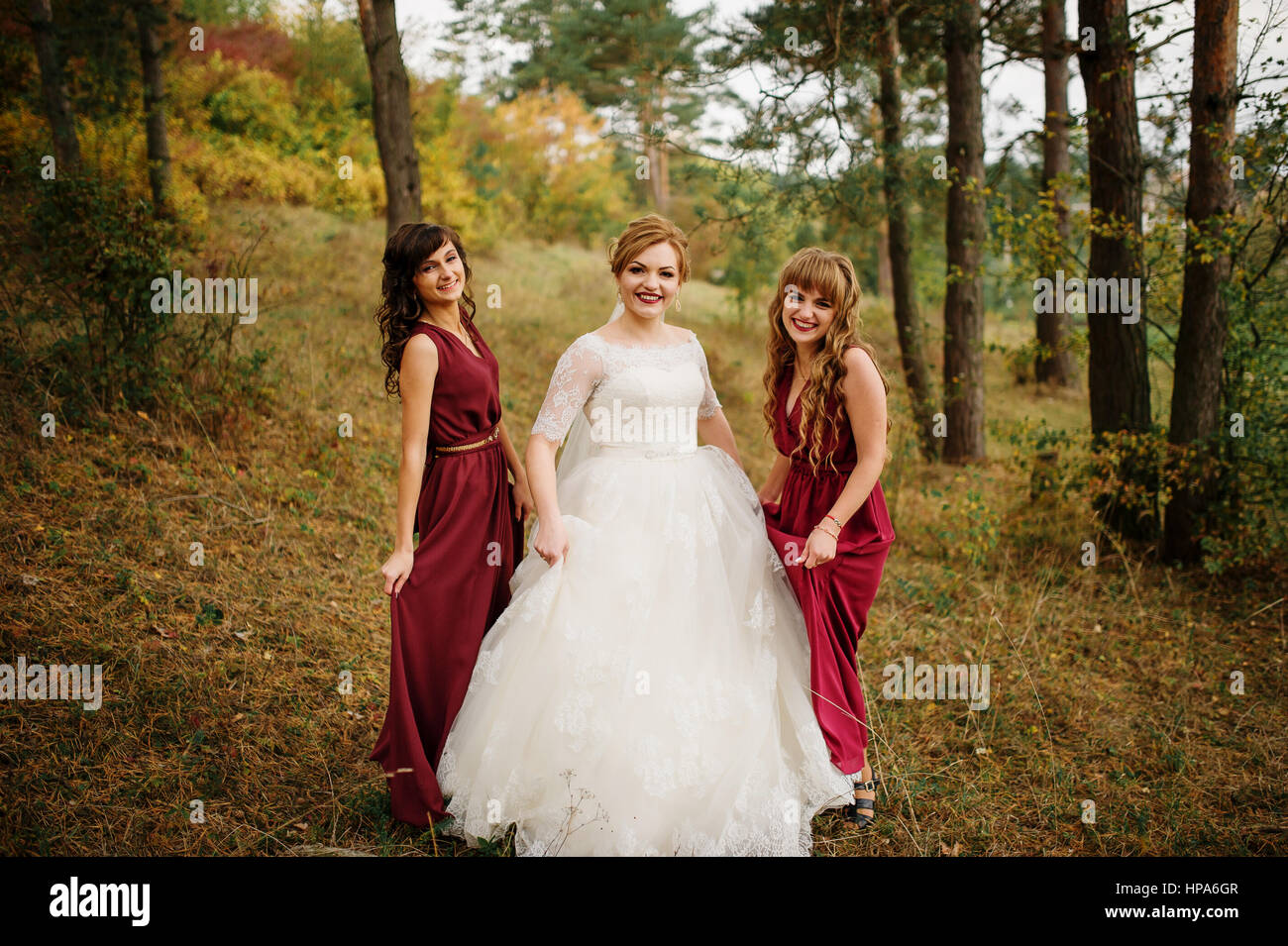 Bride with bridesmaids on red dresses at autumn pine wood Stock Photo ...