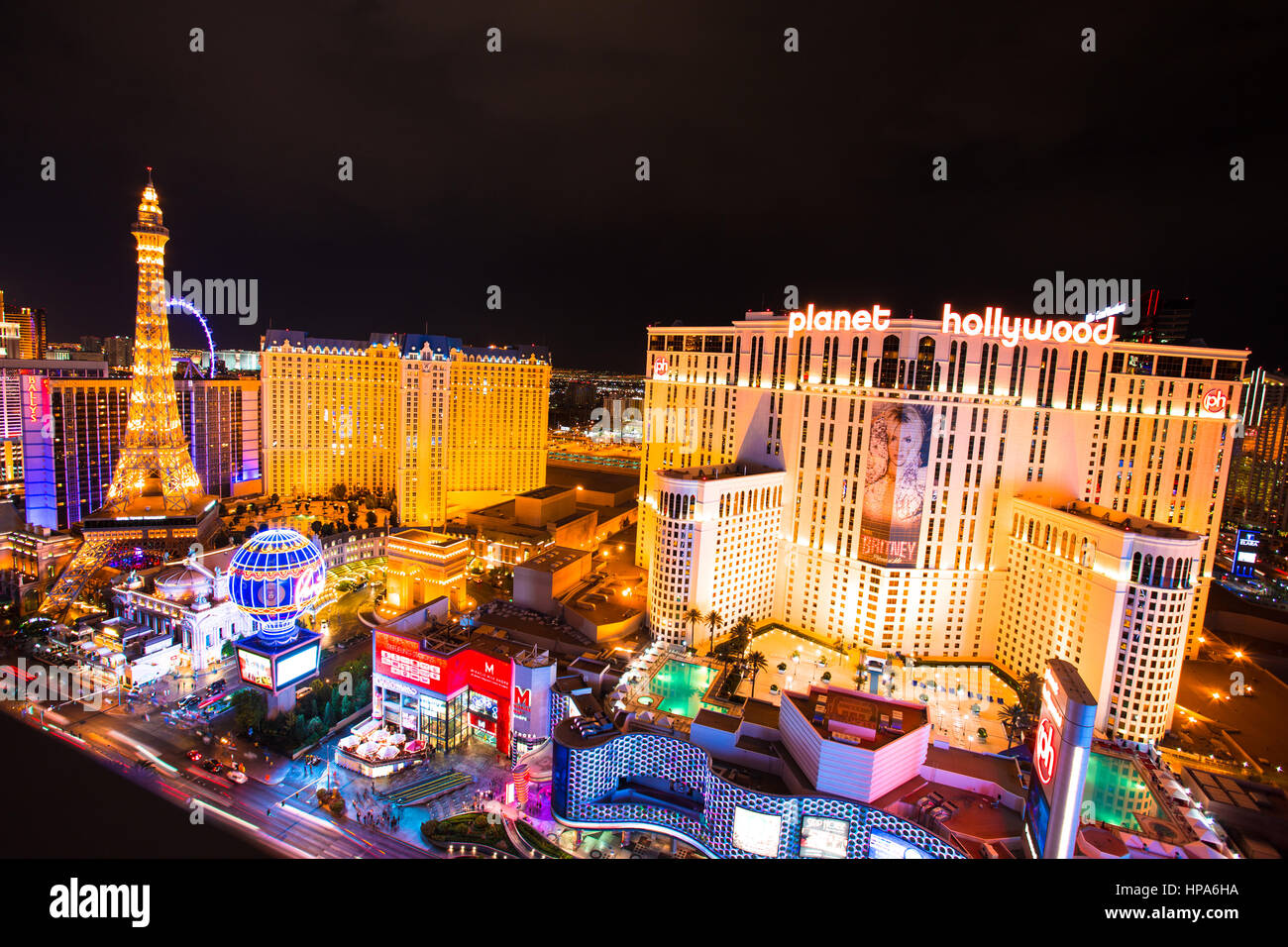 AS VEGAS, NEVADA - MAY 7, 2014: Beautiful night view of Las Vegas strip with colorful resort casinos lit up. Stock Photo