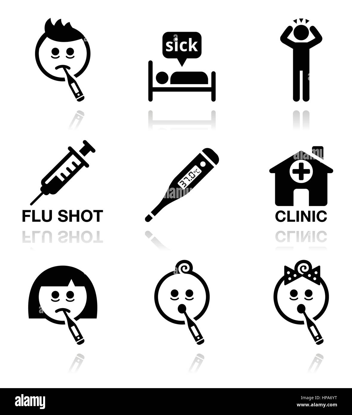 Cold, flu, sick people vector icons set Stock Vector