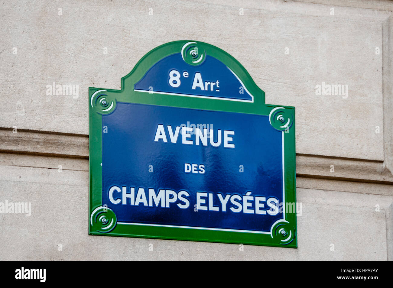 Paris 8e arrondissement. Champs Elysées street sign. Ile de France. France. Europe Stock Photo