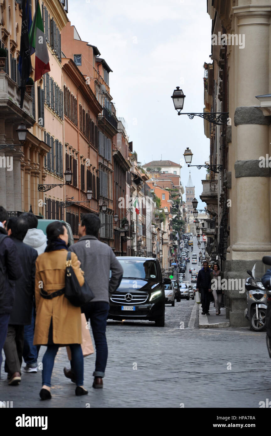 ROME, ITALY - MACRH 17, 2016: The streets near the Trinita dei Monti church and Villa Medici Borghese are often congested due the high level of touris Stock Photo