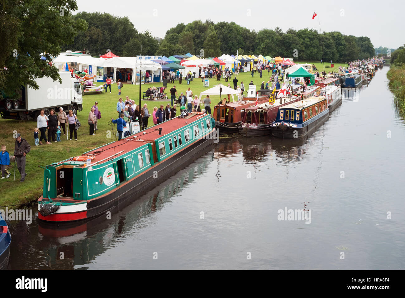 Lines of narrowboats moored at the Inland Waterways Association Pelsall Canal Festival Wyrley and Essington Canal 2016 Stock Photo