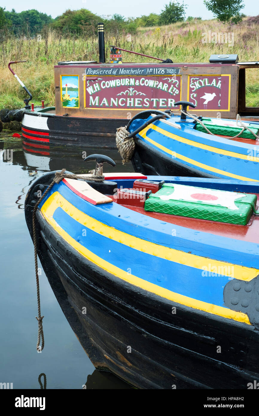 Colourful bows and stems of three narrowboats at the Inland Waterways Association Pelsall Canal Festival Wyrley and Essington Canal 2016 Stock Photo