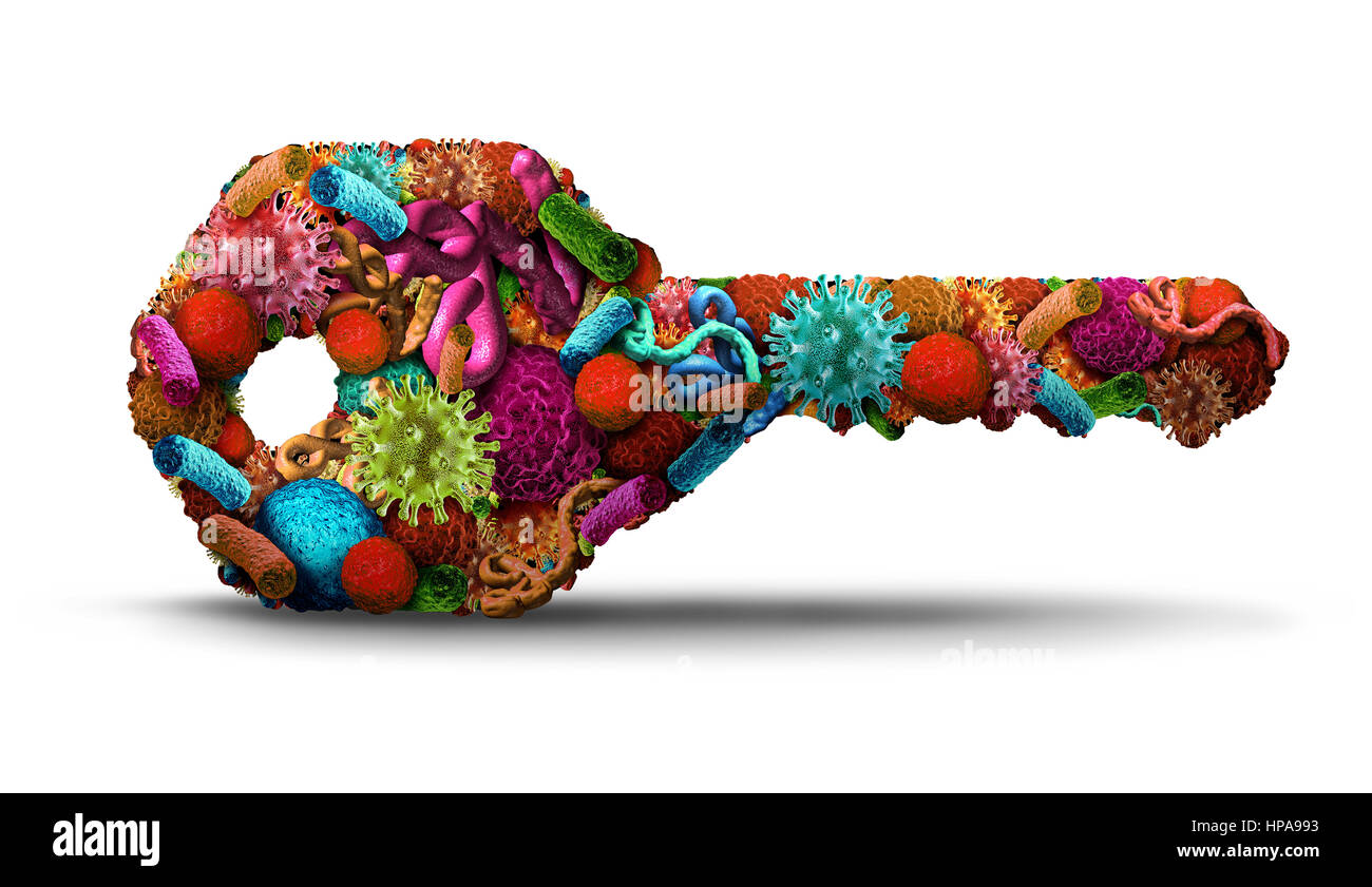 Disease cure key as a group of disease cells as cancer virus and bacteria microscopic biology shaped as a symbol for medicine research. Stock Photo