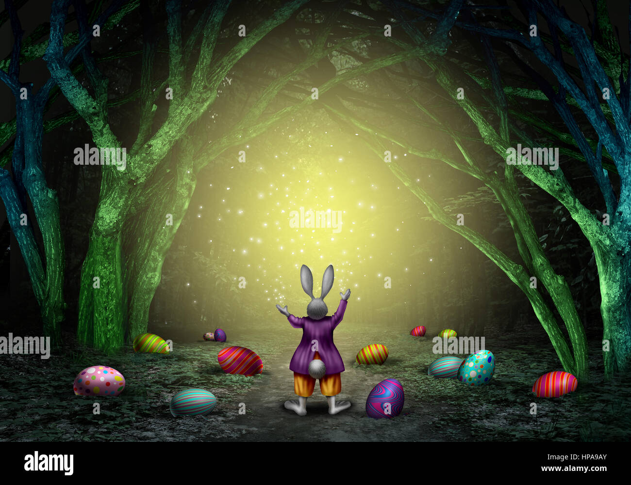 Easter magic bunny rabbit with decorated eggs and sparkles in an enchanted magical forest as a spring holiday symbol with 3D illustration elements. Stock Photo