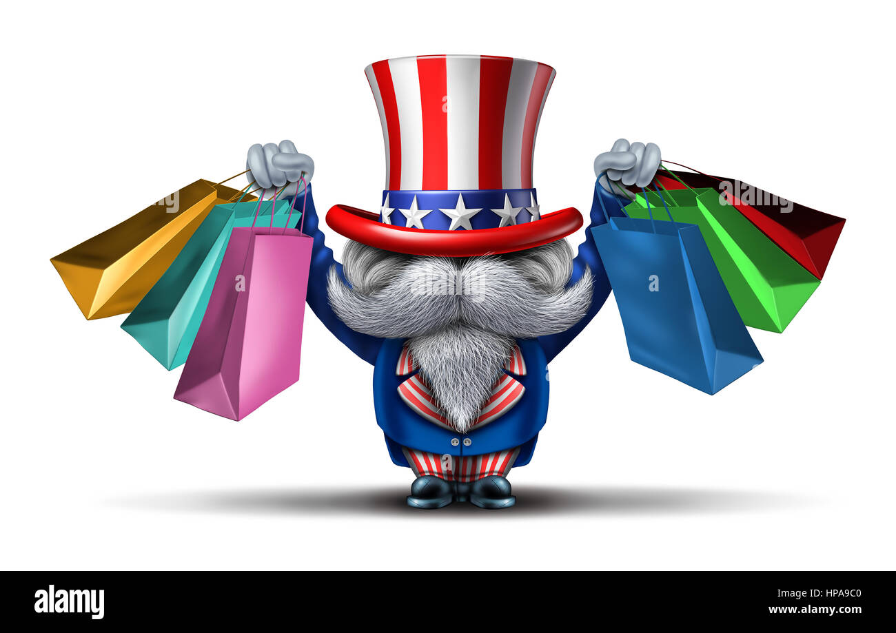 American buyer or customer concept and shopping in the United States of America as an uncle sam consumer character holding bags. Stock Photo
