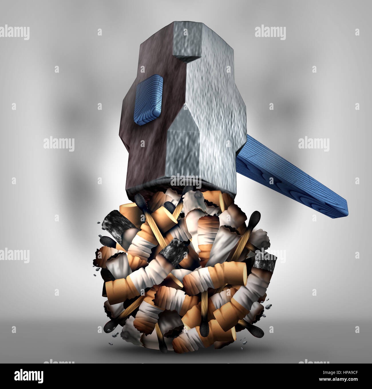Crushing cigarette concept and quitting or stop smoking tobacco habit symbol as a hammer destroying nicotine addiction products as a 3D illustration. Stock Photo