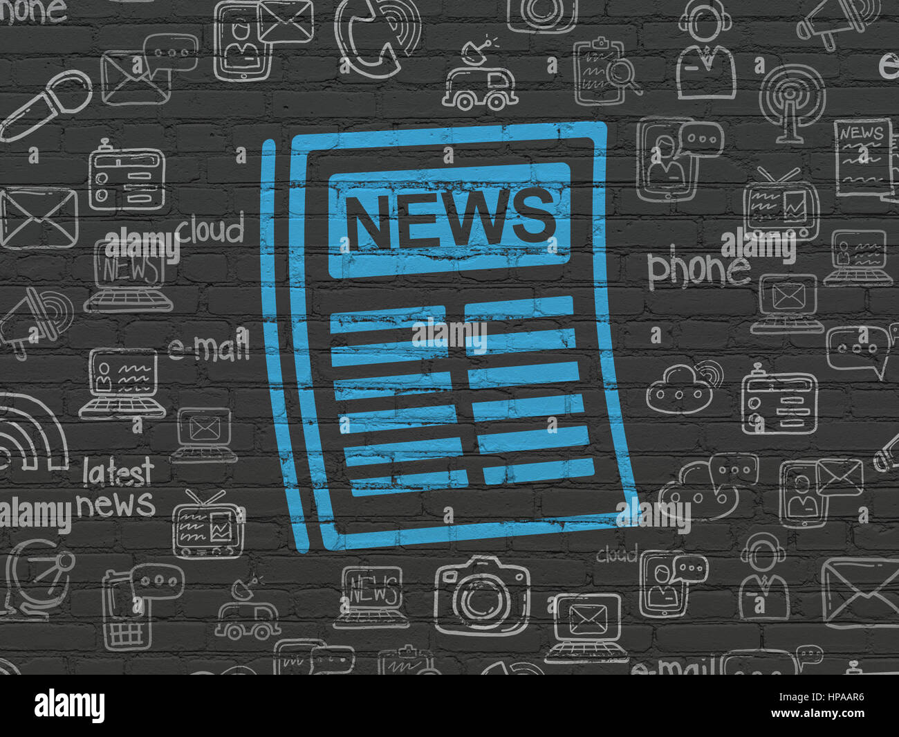 News concept: Painted blue Newspaper icon on Black Brick wall background with  Hand Drawn News Icons Stock Photo