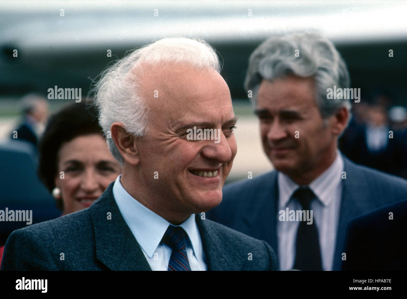 Soviet Foreign Minister Eduard Shevardnadze signs the Nuclear Risk Reduction Center Agreement in the Rose Garden of the White House on September, 15th, 1987 Photo By Mark Reinstein Stock Photo