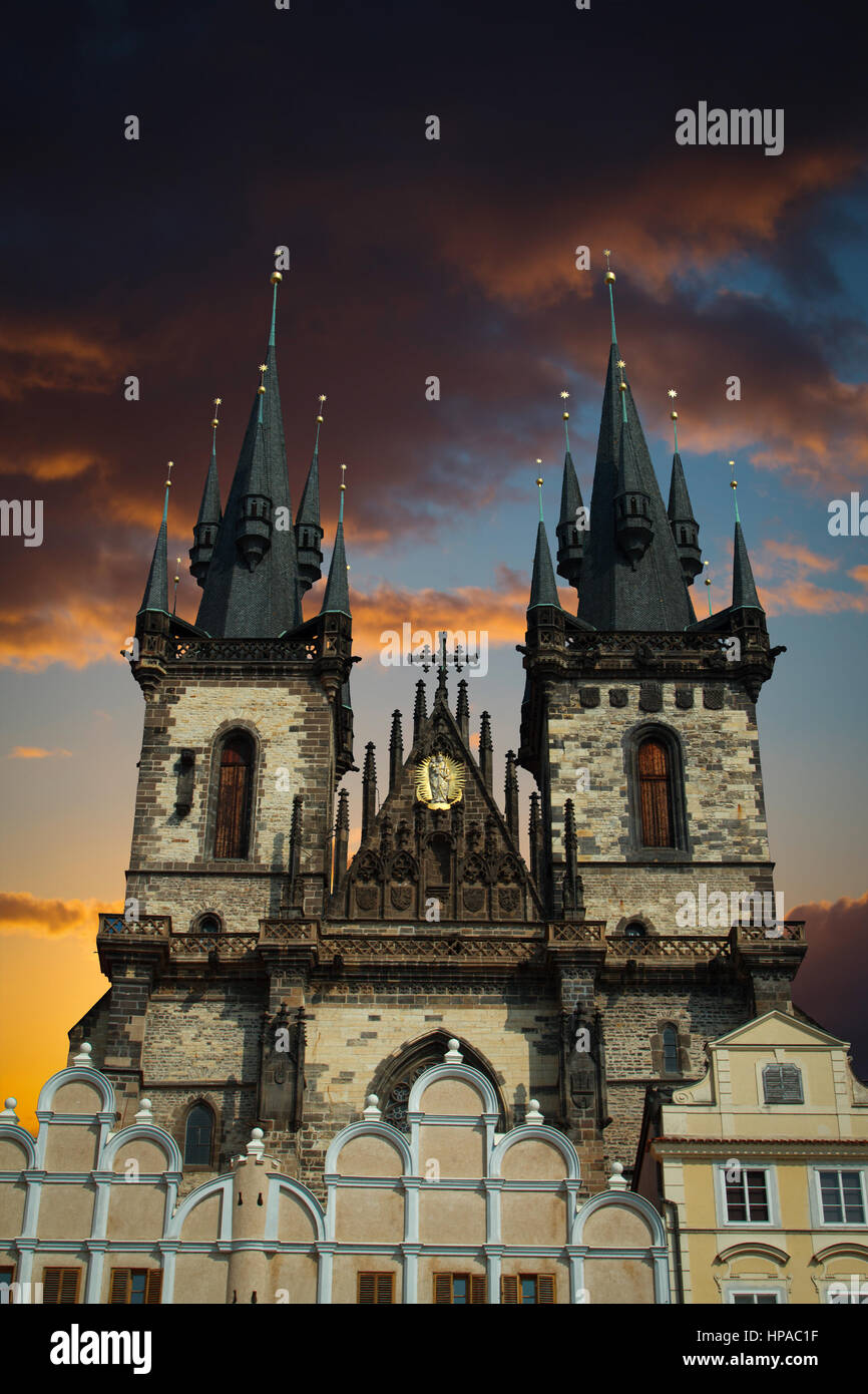 Prague Old town square, Tyn Cathedral. under sunlight. Stock Photo