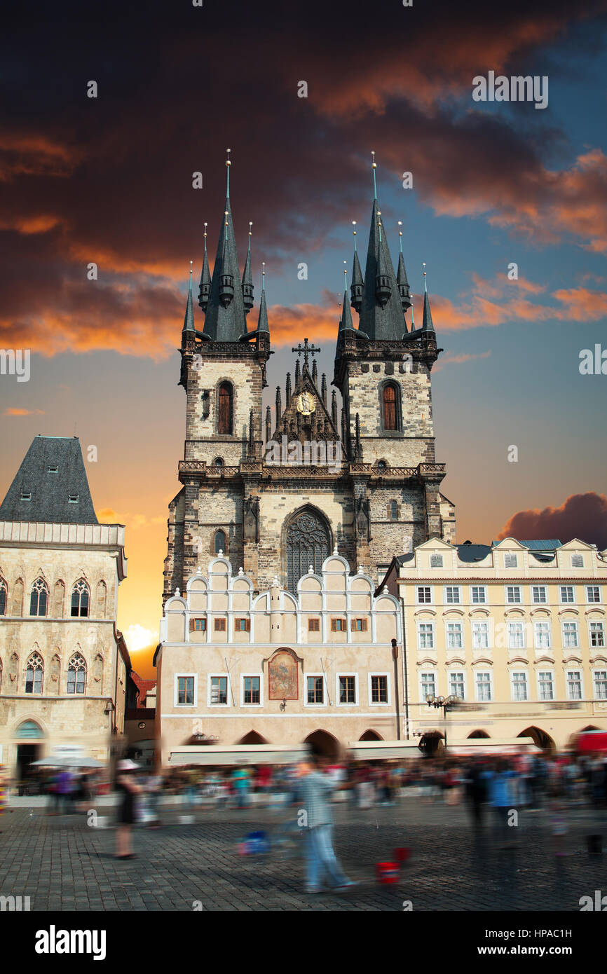 Prague Old town square, Tyn Cathedral. under sunlight. Stock Photo