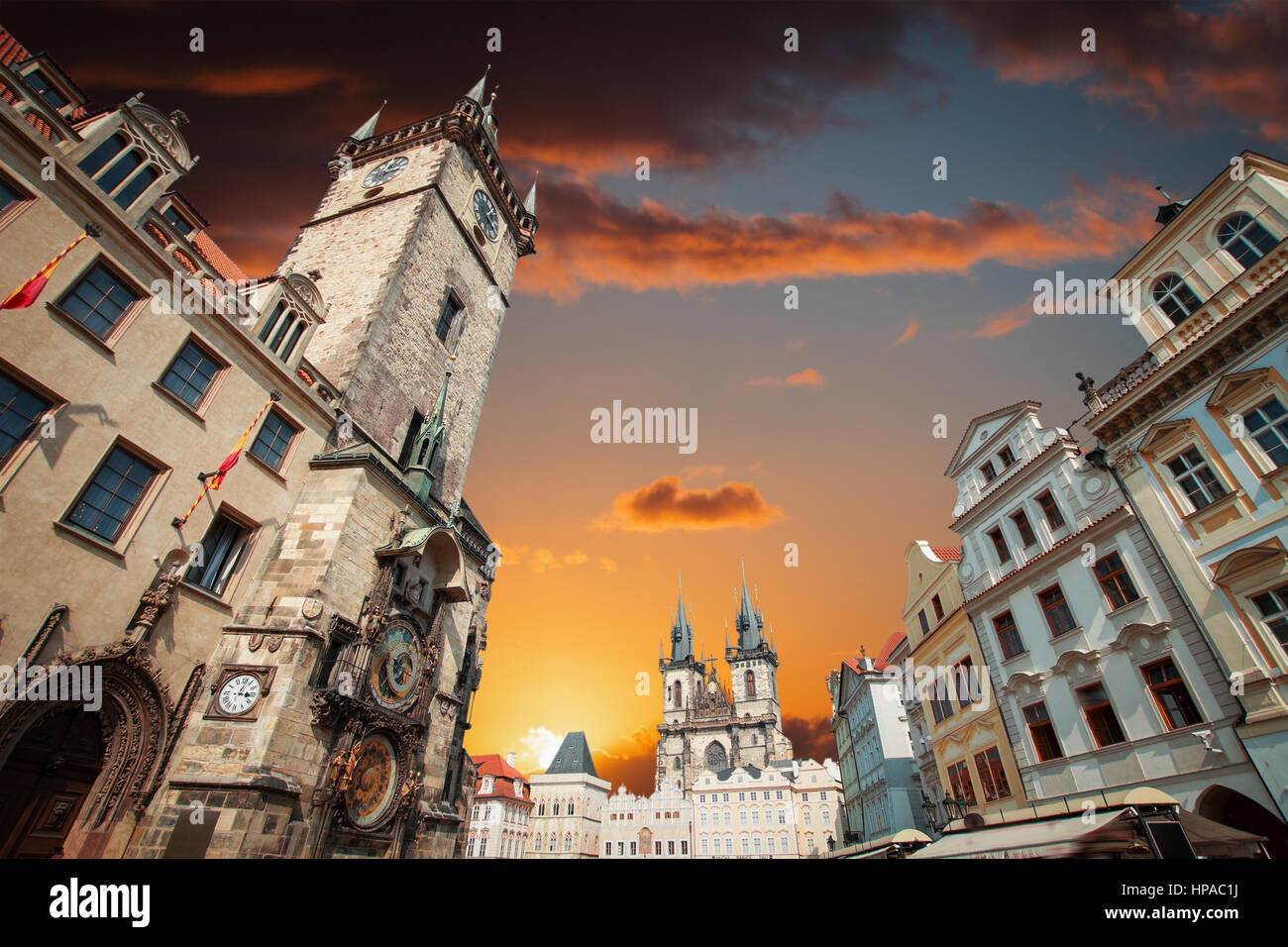 Prague Old town square, Tyn Cathedral. under sunlight. Stock Photo