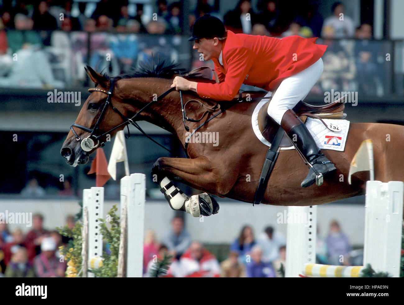 CSIO Masters, Spruce Meadows, September 1997, Piet Raymakers (NED) riding Optiebeur's Ratina Z Stock Photo
