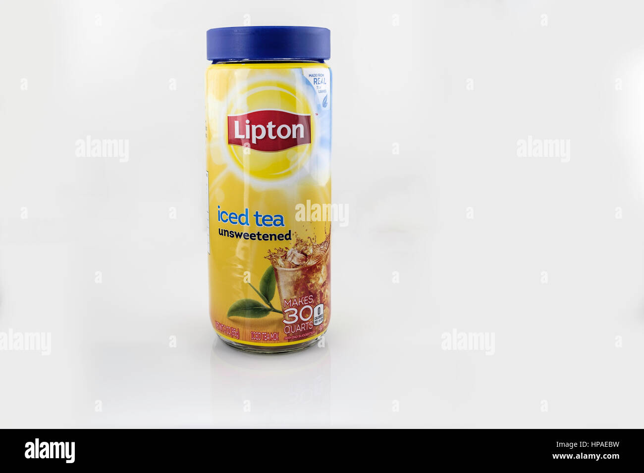 A jar of Lipton unsweetened instant ice tea granules. Cutout, copy space,USA. Stock Photo