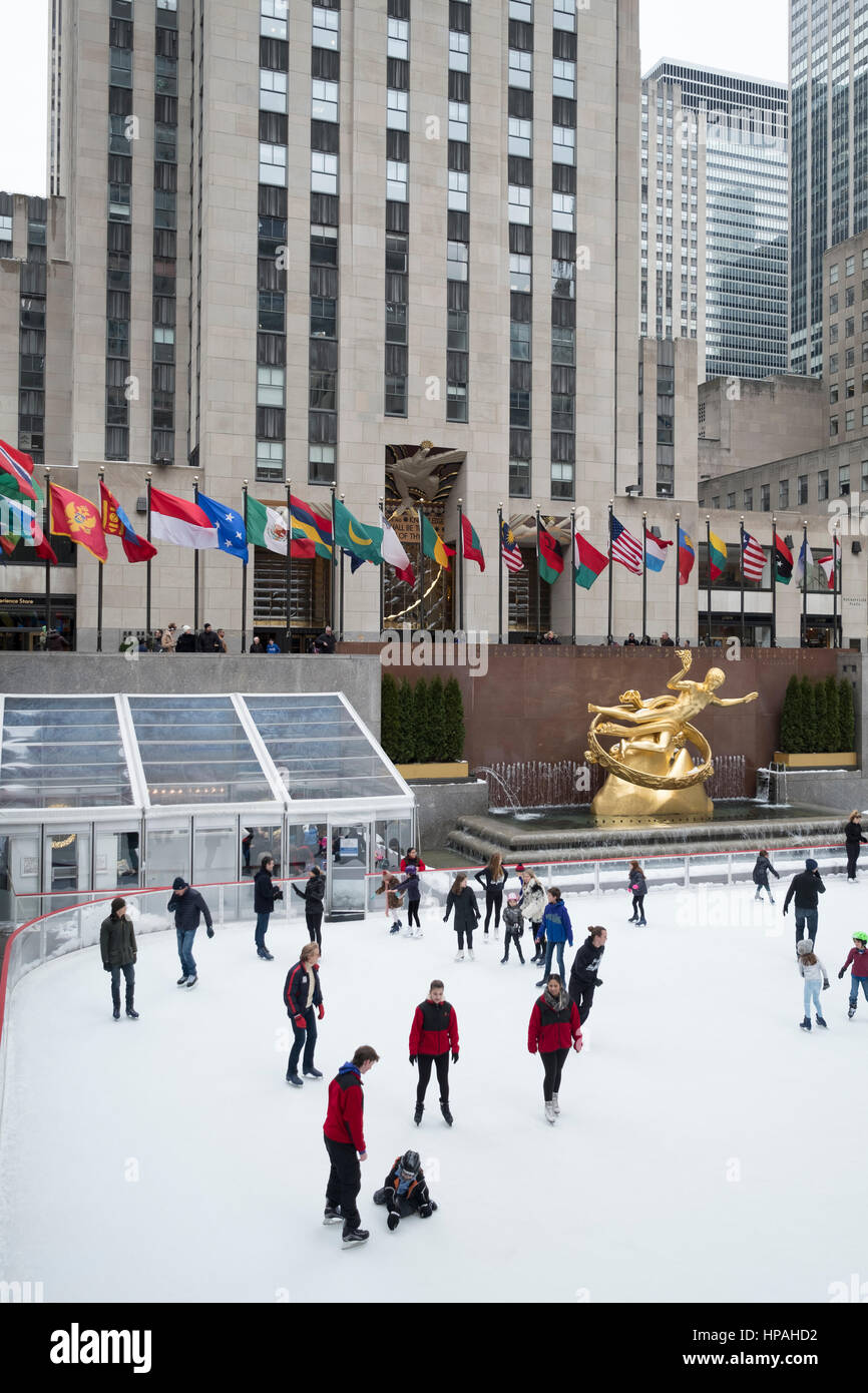 The skating Rink at Rockefeller Center, sculpture of Prometheus,building, Lower Plaza, Manhattan Stock Photo