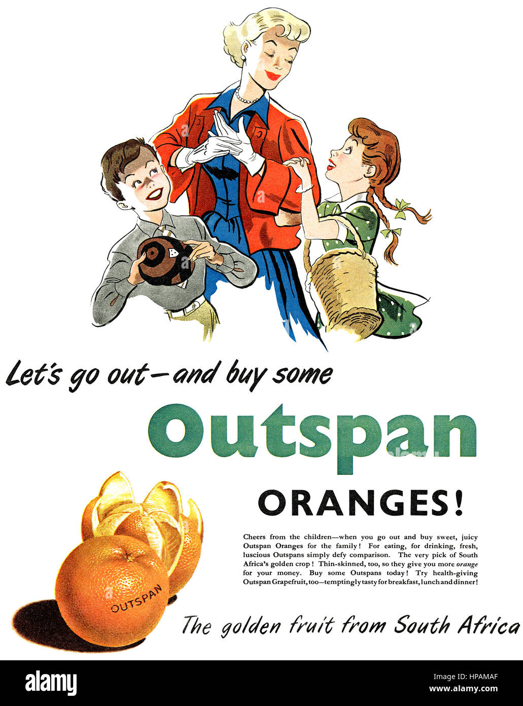 1951 British advertisement for Outspan Oranges. Stock Photo