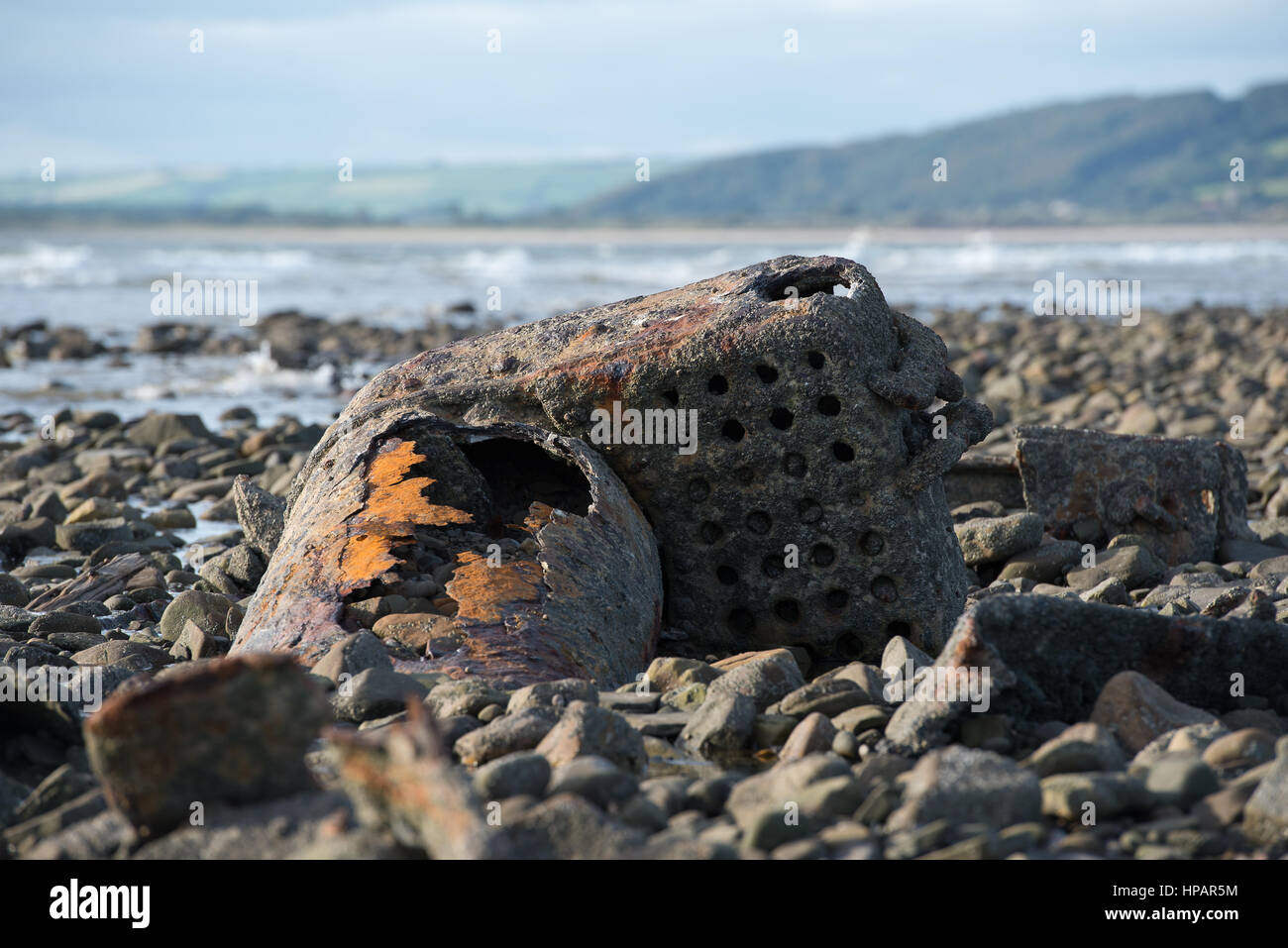 Part of an unknown shipwreck on Welsh coast Stock Photo