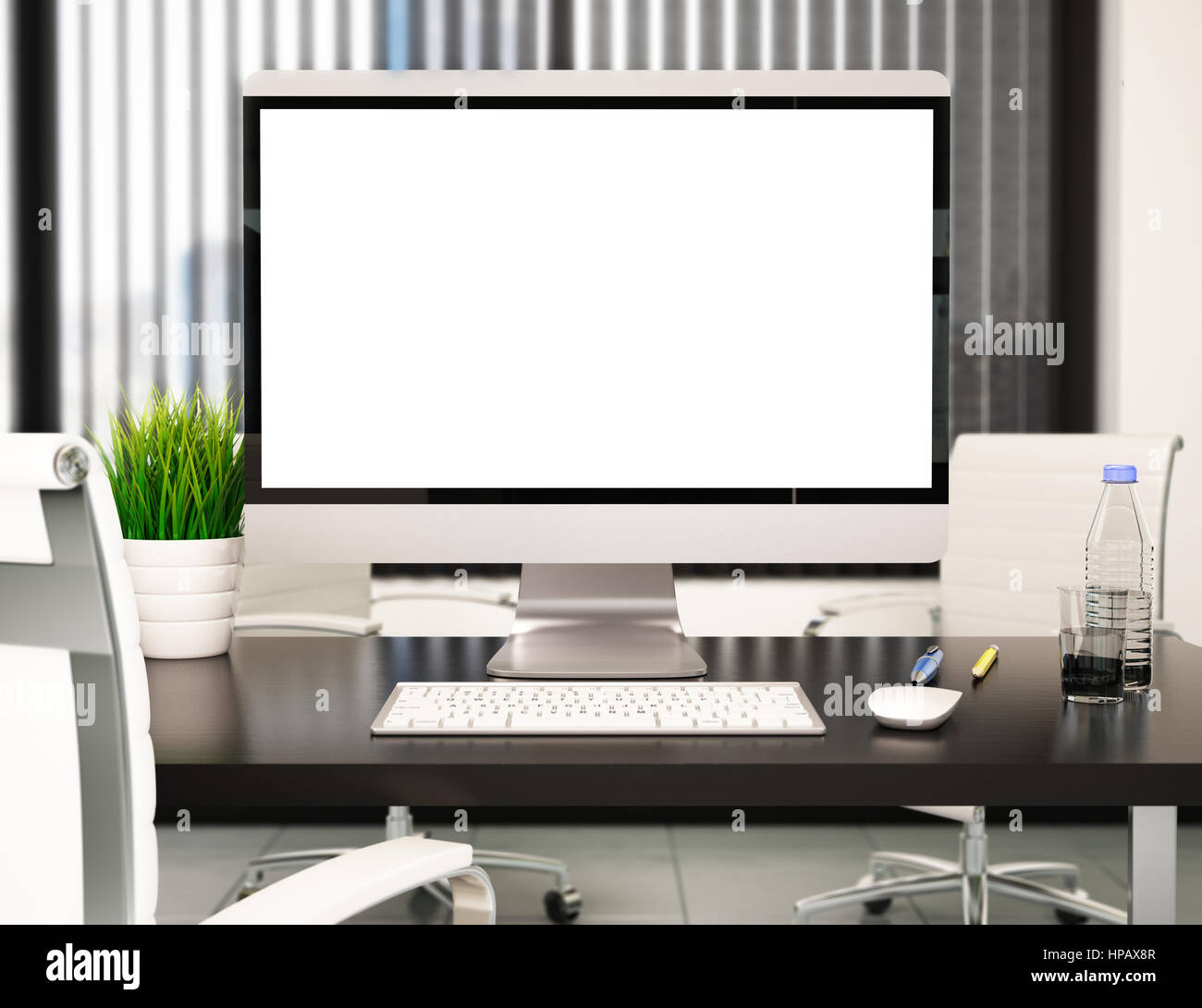 3d illustration modern office with blank computer screen. Mockup Stock Photo