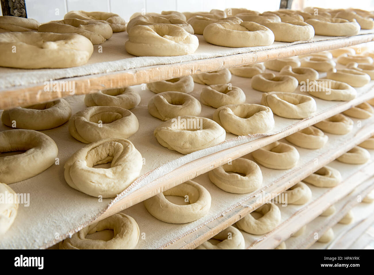 Uncooked frisella bread dough proving on wooden shelves of Italian bakery, full frame image Stock Photo