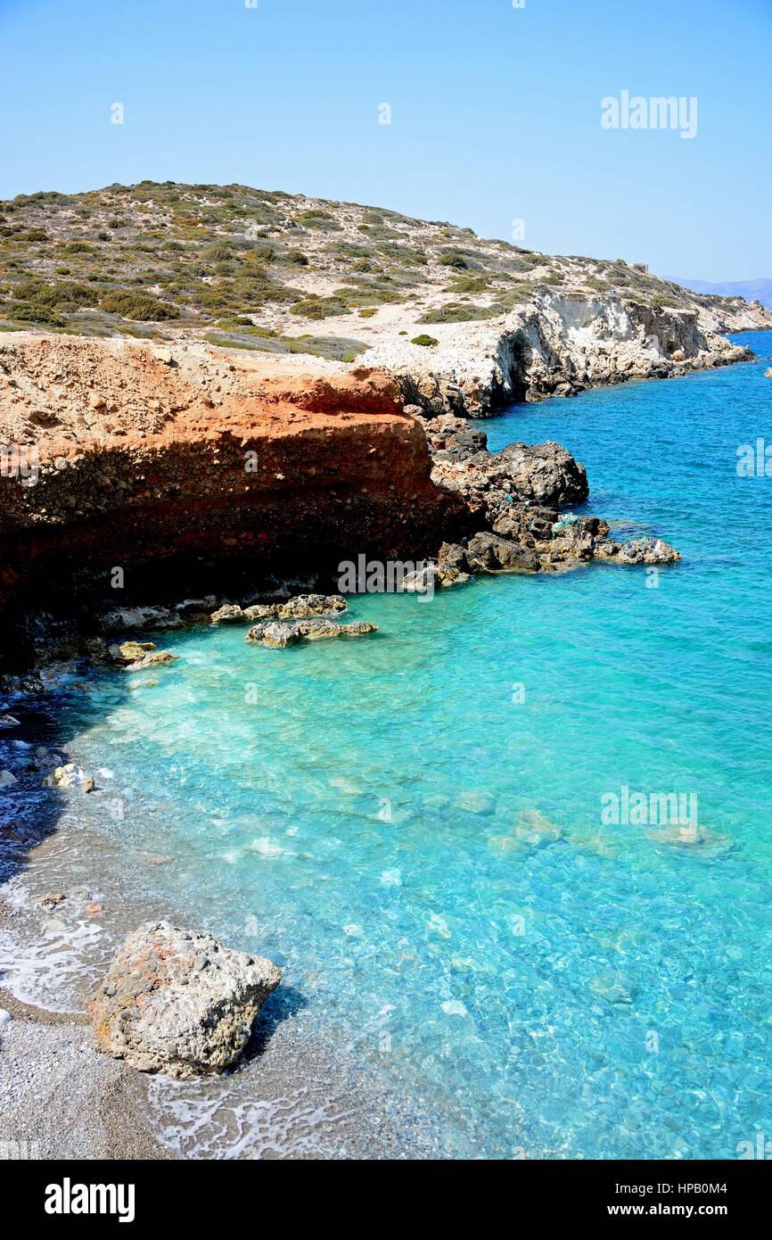 Elevated view of the beach and rugged coastline near Ammoudara, Crete, Greece, Europe. Stock Photo