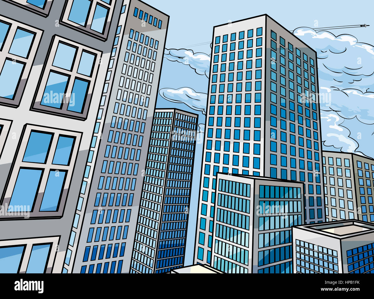 City skyscraper buildings background scene in a cartoon pop art comic book style Stock Photo