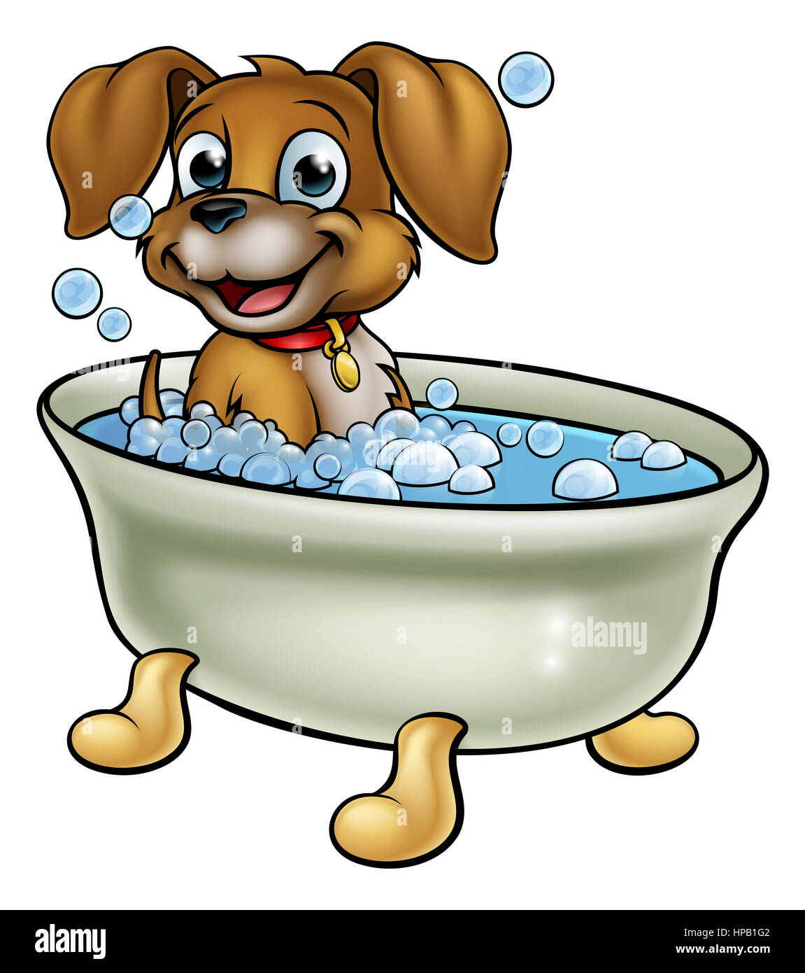 A cartoon dog having a bath with lots of bubbles Stock Photo